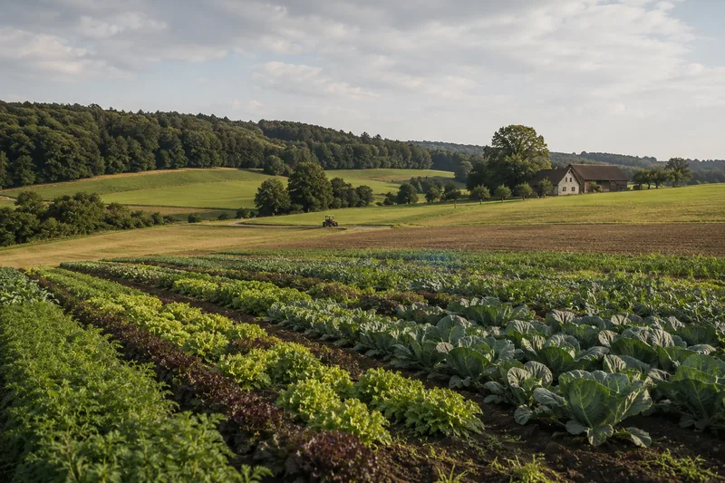 Gemüsefeld im welligen Hügelland mit Waldstreifen im Hintergrund