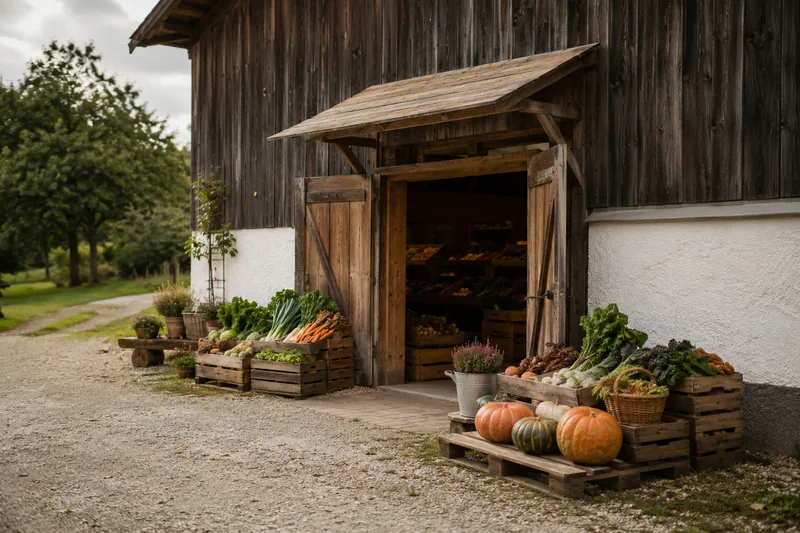 Hofladen im umgebauten Stadel mit offenem Holztor und Gemüsekisten davor
