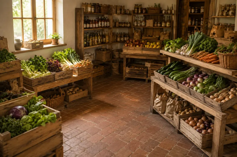 Innenraum des Hofladens mit Holzregalen und Gemüsekisten