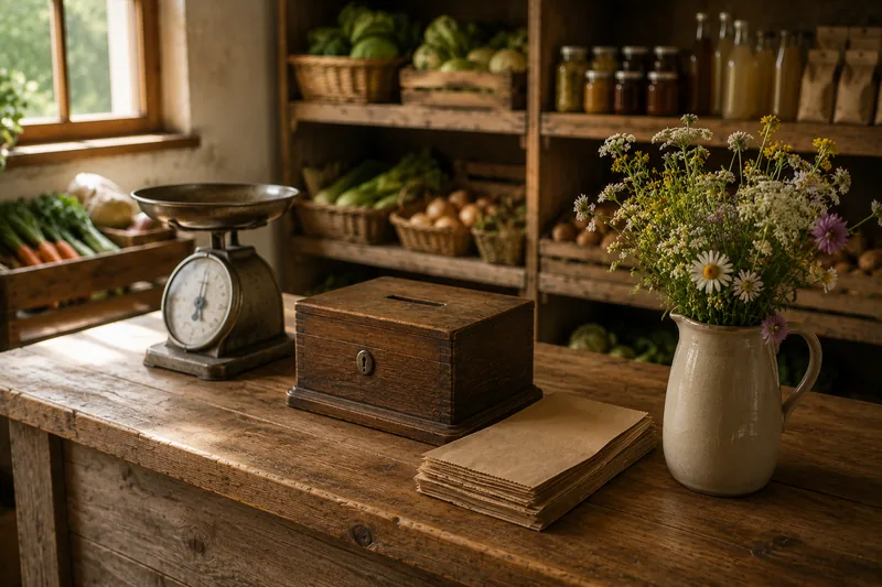 Holztheke mit alter Tafelwaage, Papiertüten und einem Krug Wiesenblumen